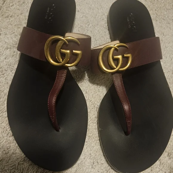 GUCCI Calfskin GG Marmont Thong Sandals 37.5 Vintage Bordeaux - Picture 1 of 5